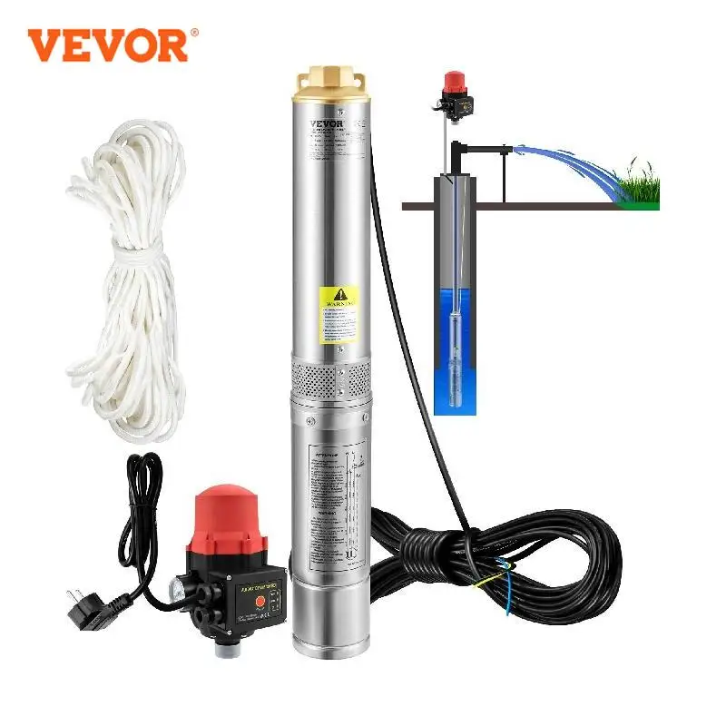 VEVOR Deep Well Submersible Pump 750W 230V/50Hz 105L/min 62 m Head 20 m Cord & Automatic Pressure Switch 8.9 cm Stainless Steel