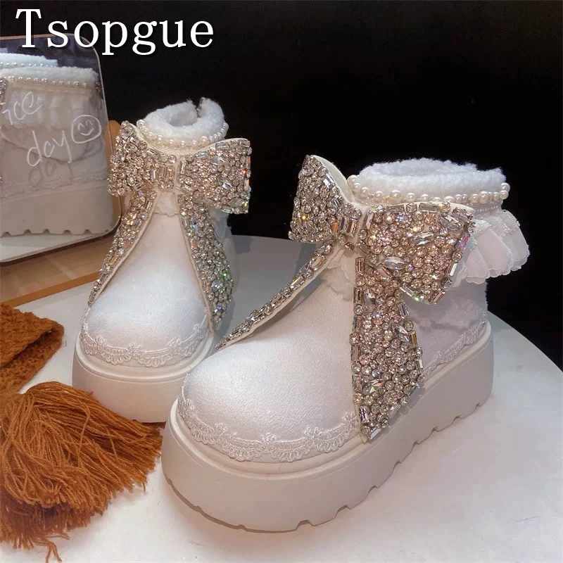 Women Sweet Lolita Style Platform Ankle Boots Sparkly Rhinestone Bow Pearl Lace Ruffle Decor Warm Winter Cosplay Fashion Shoes