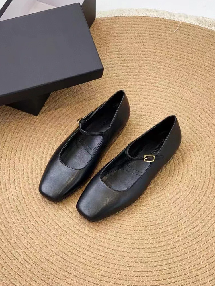 MOOQDAAX 2024 New Women Fashion Genuine Leather Mary Jane Shoes Square Head Shallow Flats Solid Simple Casual Female Chic