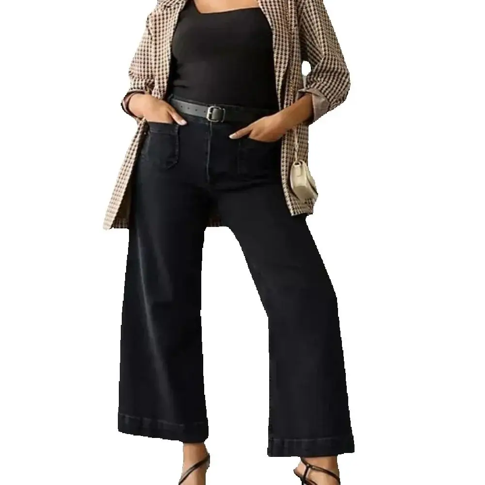 Dżinsy z wysokim stanem i przednimi kieszeniami, dżinsy z szerokimi nogawkami i marszczeniem na brzuch, dżinsy z kontrolą brzucha, dżinsy cropped.