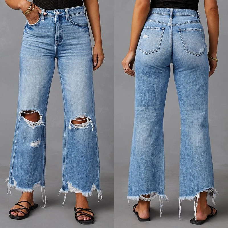 Women Denim Pants Wide Leg Ripped Jeans Streetwear Sexy Hollow Out Patchwork Tassels Washed Shredded Jeans Fashion Trousers