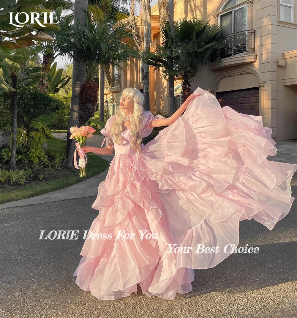 LORIE Fair-Vestidos de Fiesta formales Rosa rubor, mangas cortas abullonadas, vestidos de noche acampanados, volantes escalonados, vestido de novia de desfile de princesa