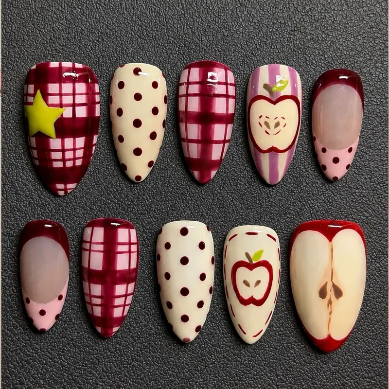 24PCS Retro Red Plaid Almond Stick on False Nails Sweet Cute Apple Polka Dot Pink Stripes French Acrylic Fake Nail Tips Wearable