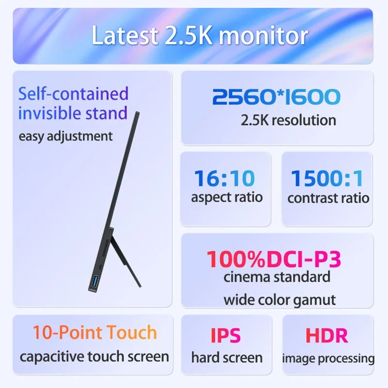 16 Inch 2.5K Touch Screen Portable Monitor 2560*1600P 16:10 100%DCI-P3 HDR 500Nit Gaming Display For Laptop PC Xbox Switch PS4