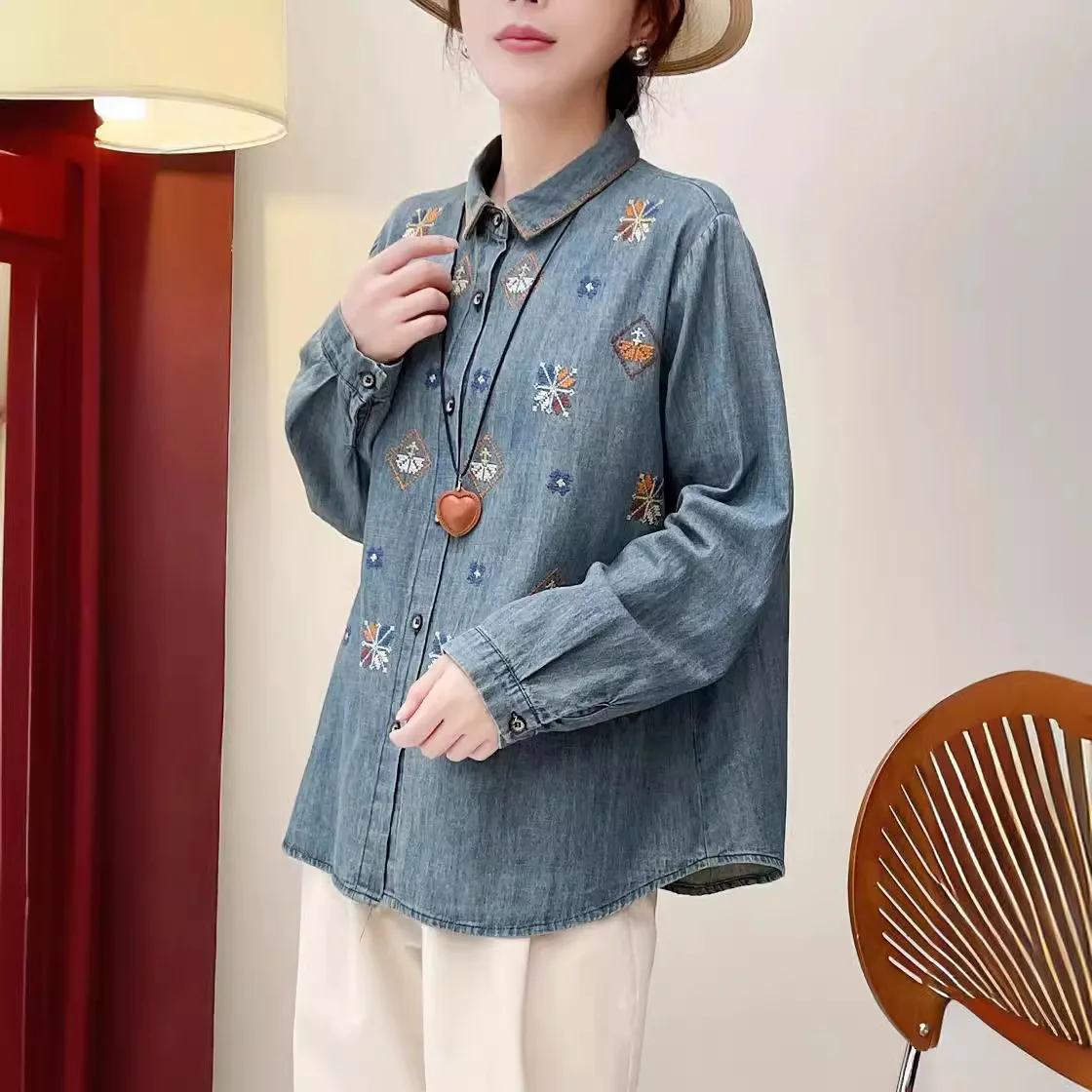 New Summer Embroidered Washed Denim Shirt Woman Lapel Long Sleeve Tops Girl Casual Loose Literature Blouses 2024 Autumn T47603QM