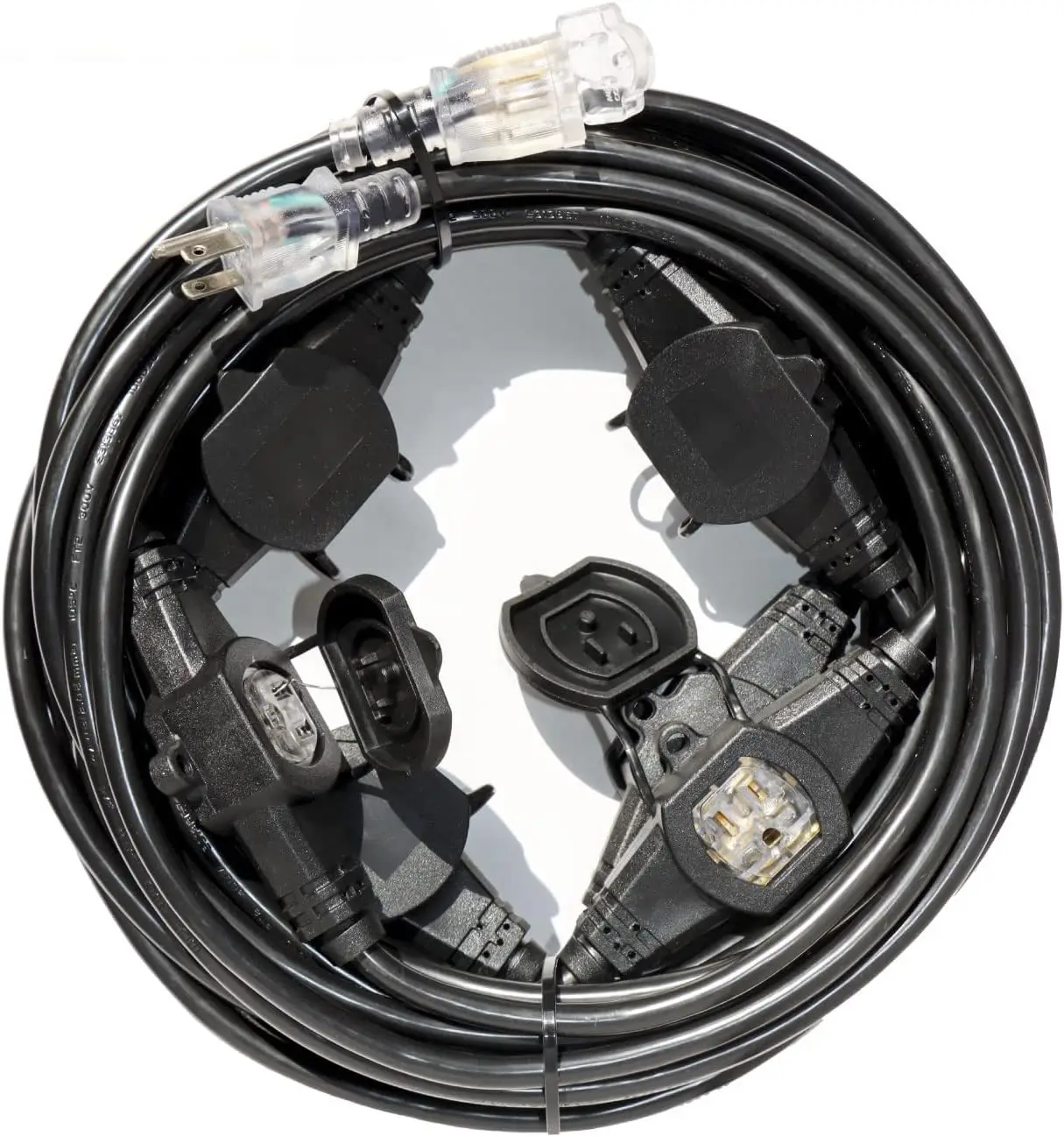 50FT power extension cable 3 head, 14 gauge SJTW 5-15R cable male to female, 7 outlet cable, multiple evenly spaced plugs