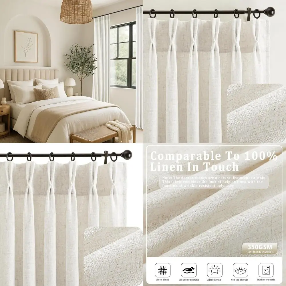 

80 Linen Curtains Set, 2-Panels, Light Filtering, Cottage Style, Modern Farmhouse Pleated Drapes for Privacy