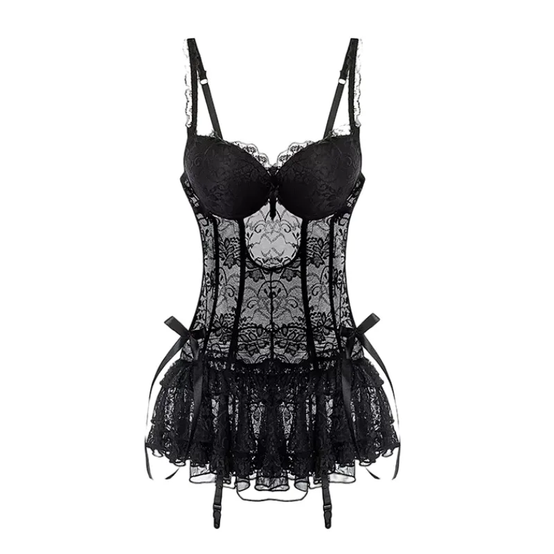 Corset Dress Lolita Sexy Overbust Push Up Corset Lace Fishbone Corset Uniform Transparent Bustier Women Clubwear Lingeries