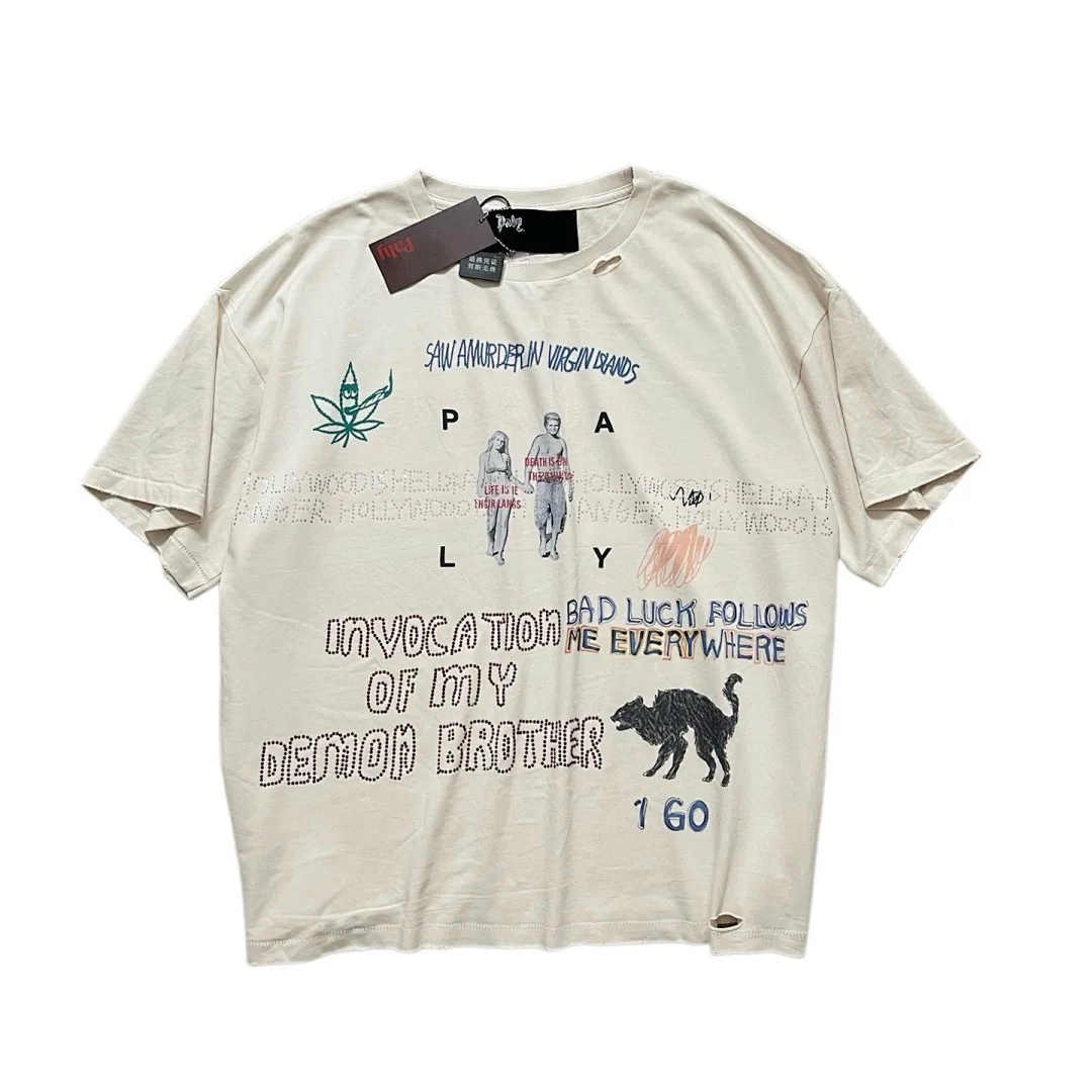26ss Paly Tees Men Vintage Cream Distressed Tee Black Cat Rhinestone Letter Figure Graffiti Print Oversized Loose Street T-shirt