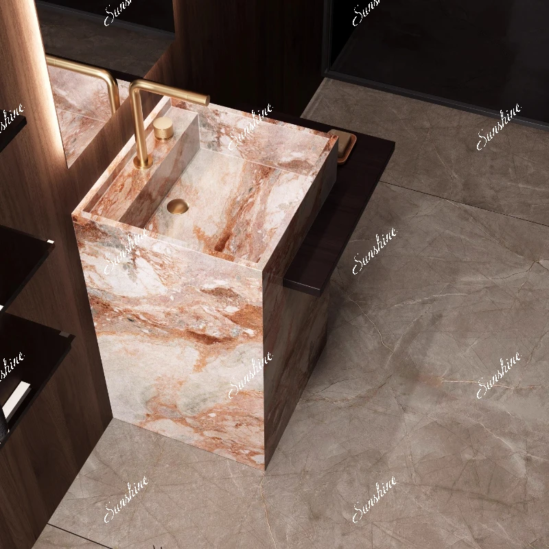 

Smoke powder rock slab column, integrated hand wash basin bathroom cabinet combination seamless hotel villa