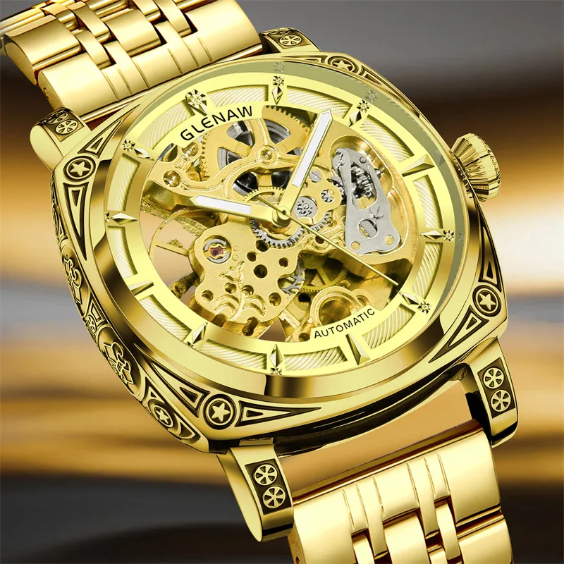 GLENAW Men Watch Skeleton Mechanical  Wristwatch Gold Skeleton Retro Man Watch Top Brand Luxury Clock Mens Watches Reloj Hombre