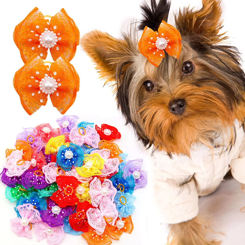 20pcs Bulk Pet Dog Hair Accessories Dog Hair Bows with Diomand Lace Rubber Band Grooming for Small Dogs Puppy Bows Pet Supplies