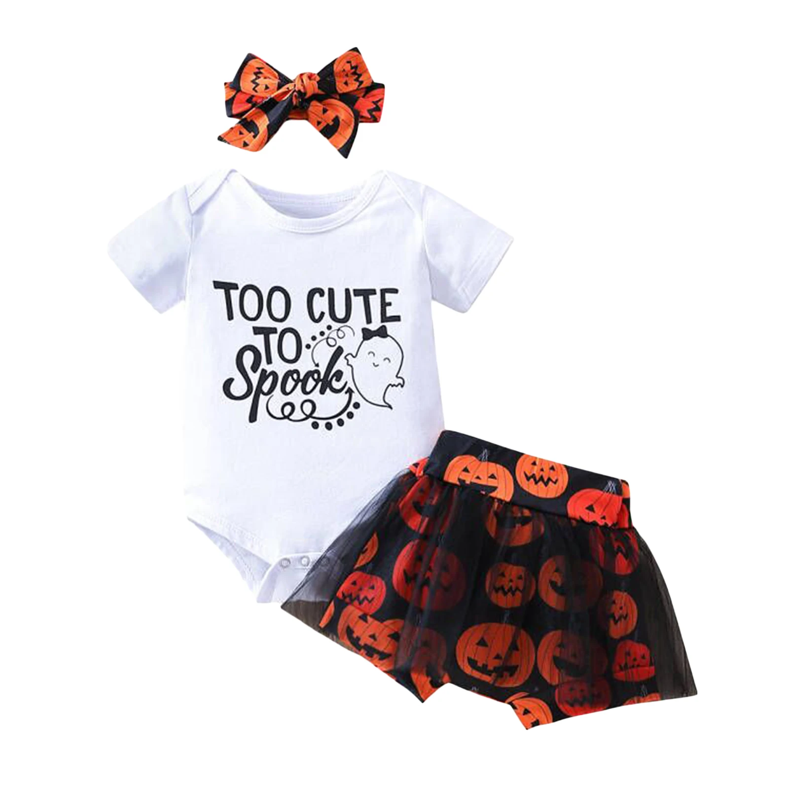 

2022-06-08 Lioraitiin 0-24M Baby Girl's Romper Set Short Sleeve Letter Printed Romper Pumpkin Printed Mesh Tulle Skorts Headband