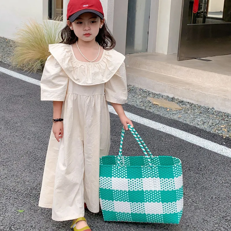 

Children Collar Jumpsuits Summer Style Girls Sweet and Cute Loose Casual Pants Wide-leg Pants Children Pants 3-8 Years Old