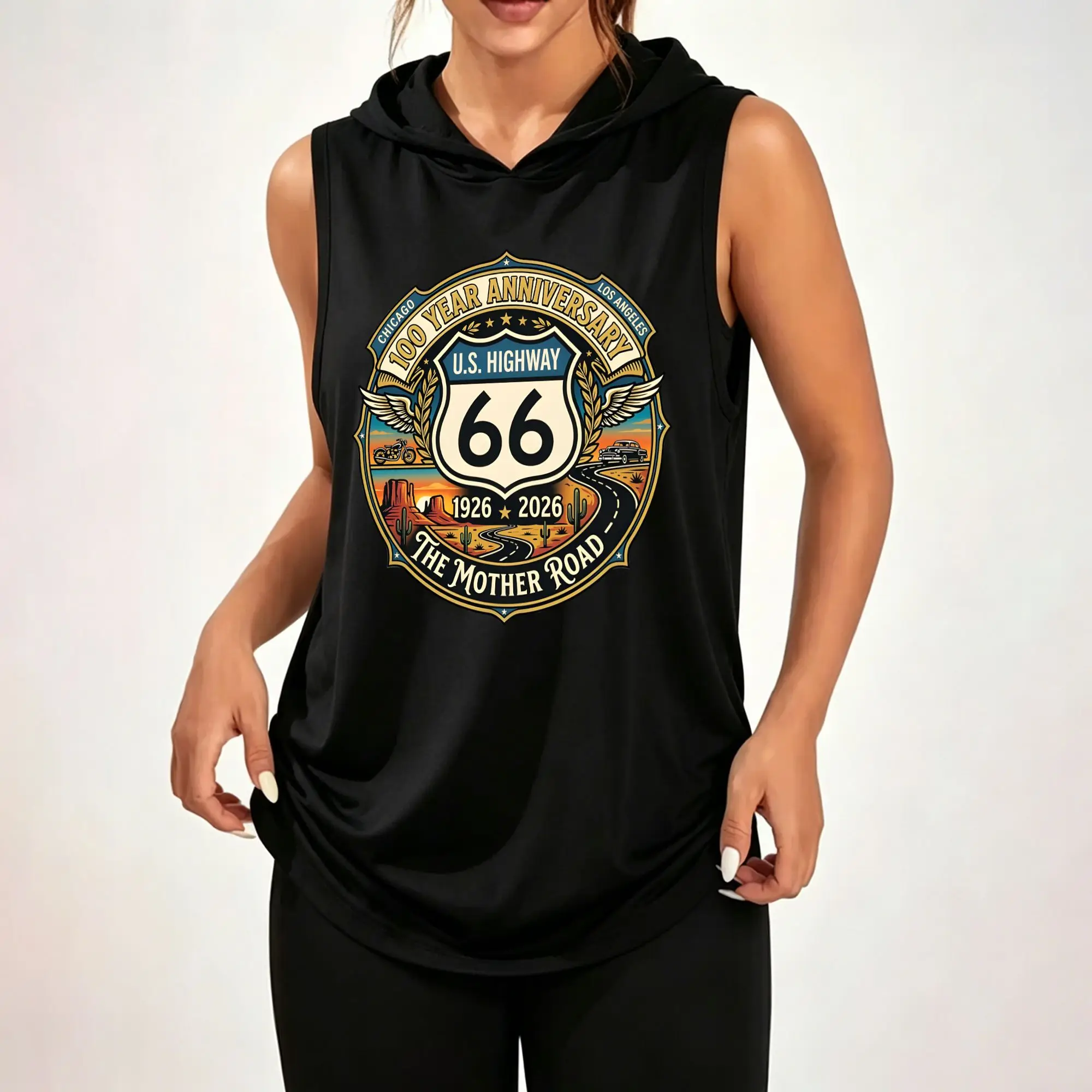 Women's Sleeveless Hoodie, Route 66 Highway 100 Year Anniversary Vintage Retro Badge Graphic Print Casual Hooded Tank Top