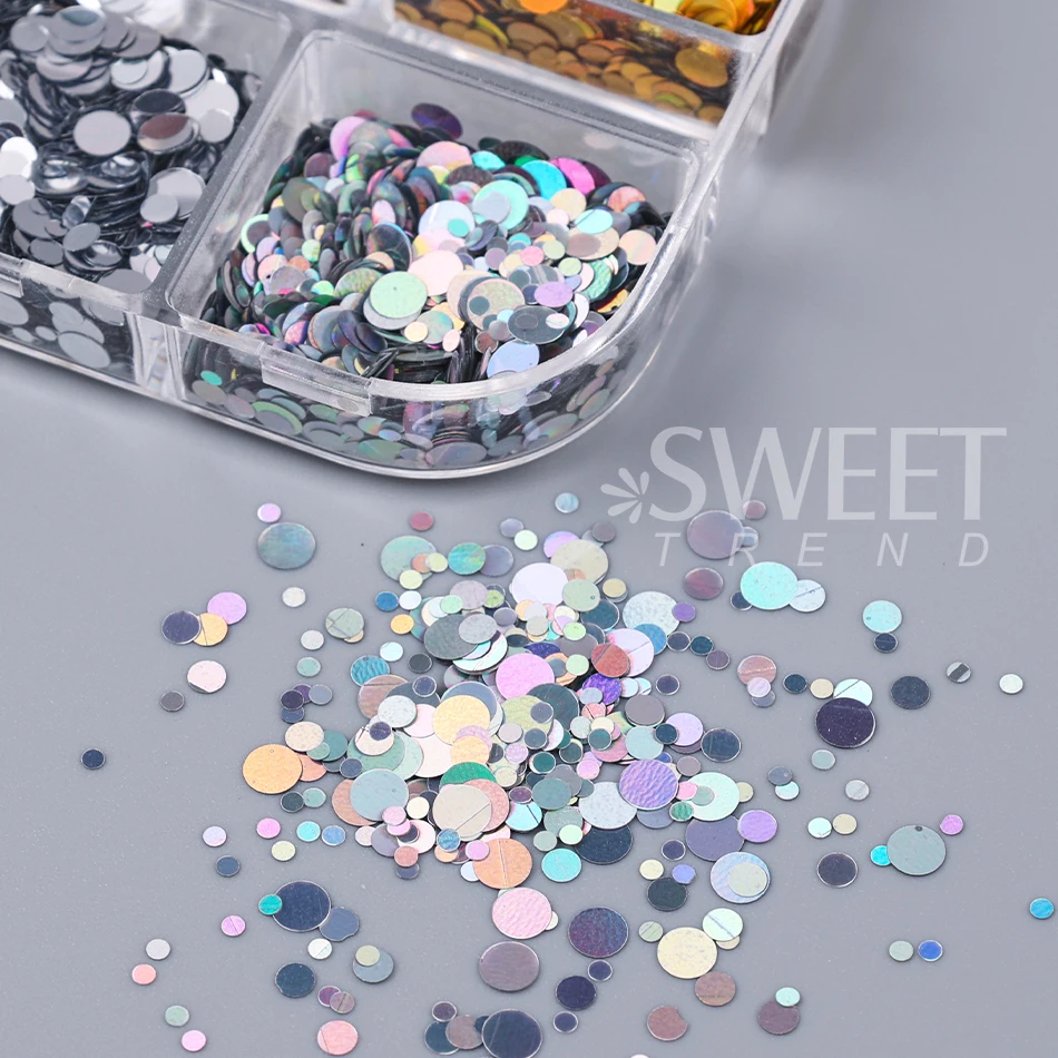 6칸 골드 실버 라운드 네일 스팽글 홀로그램 믹스 반짝이는 라운드 도트 글리터 플레이크 반짝이는 Y2K 매니큐어 장식 플래시