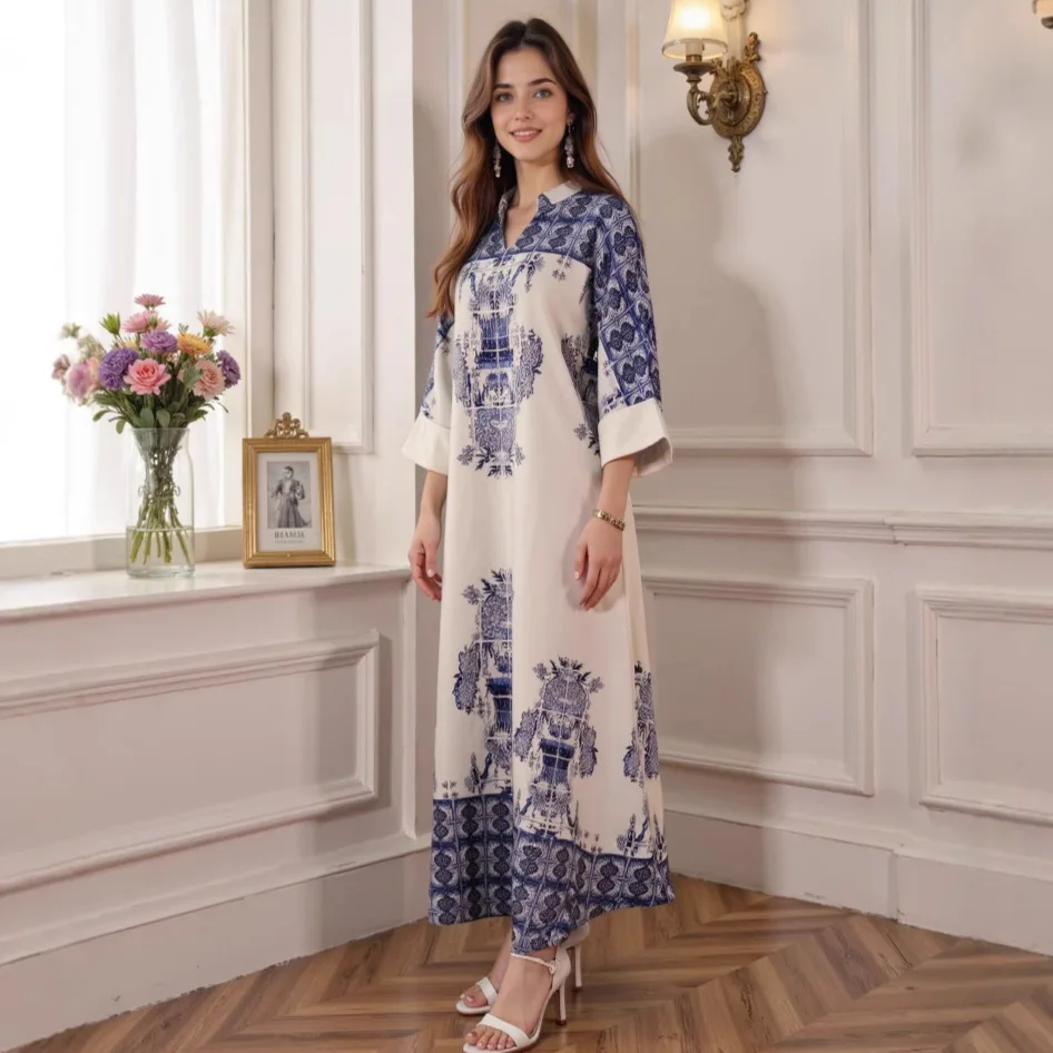 

Muslim Dress Women's Long Robe Ethnic Print Rhinestone Abaya Muslim Long Dress Robe Abaya Ramadan Dubai Luxury Islamic Elegant