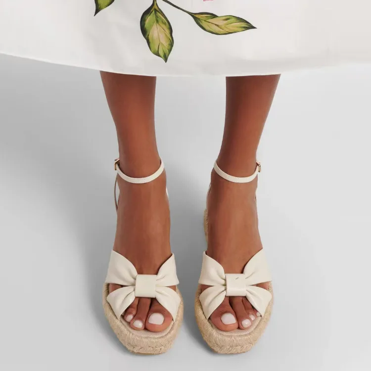 Women Thick Soled Sponge Sandals For Summer 2026 New Button Bow Plus Size With Sloping Heels Roman Shoes Gladiator Brand
