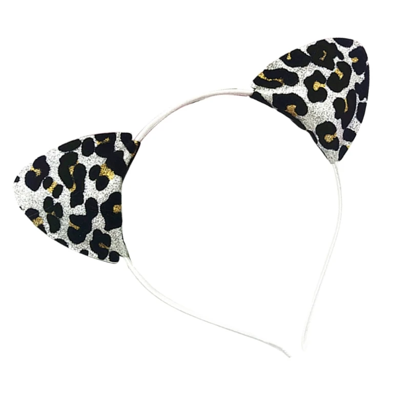 Q0KE Party Hairhoop Glittering Powder Cats Ear Hairband with Leopard Print for Birthday Party Women Music Festival Headwear