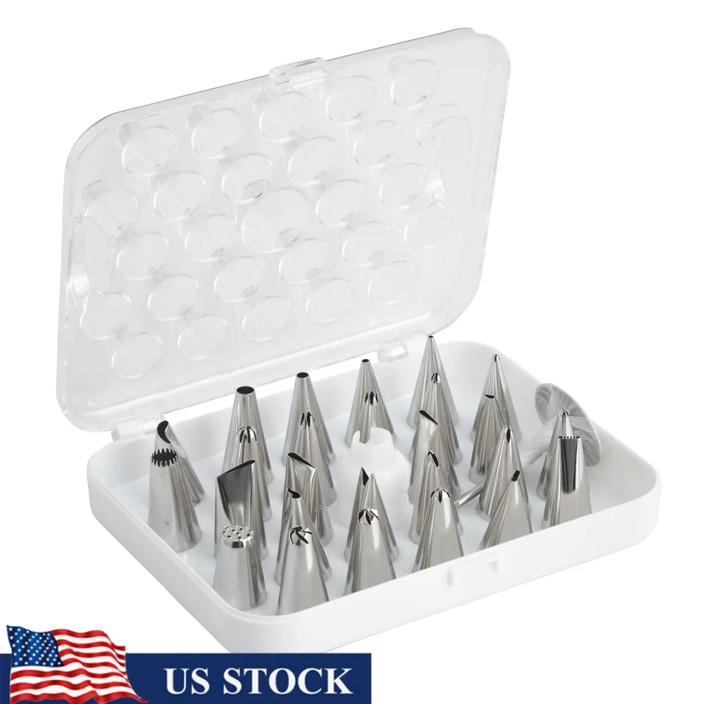 

29-Piece Decorating Tip Set Stainless Steel Plastic Assorted Round Star Leaf Petal Specialty Tips Coupler Flower Nail Case