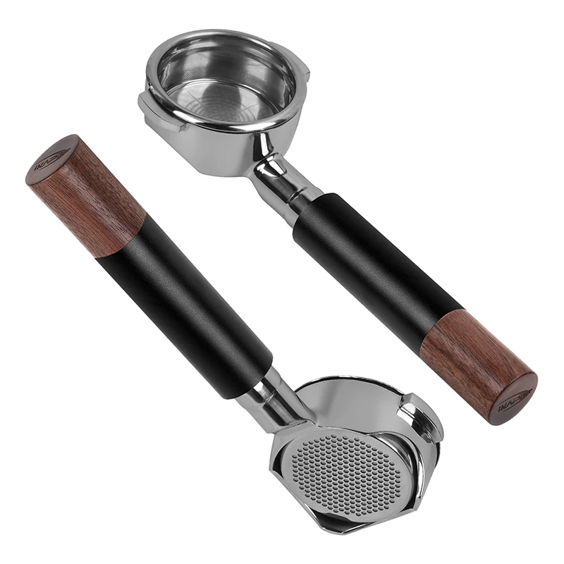 IKAPE Openwork Bottomless Portafilter, Handle made of stainless steel and walnut with High Extraction Precision Basket, Black