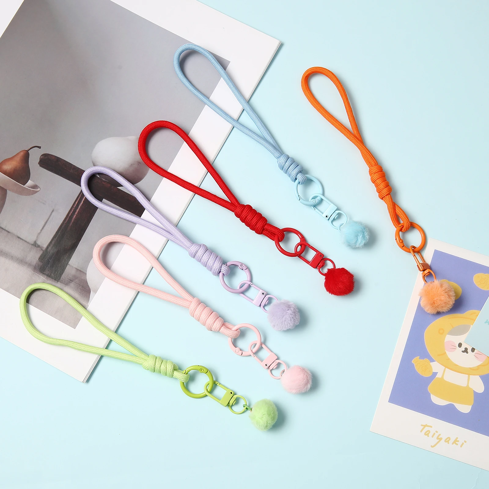 Macaron Color Braided Wrist Lanyard Keychain Short Hand Wrist Strap with Plush Pom‑pom Decor Spring Clasp for Keys Bag Charms
