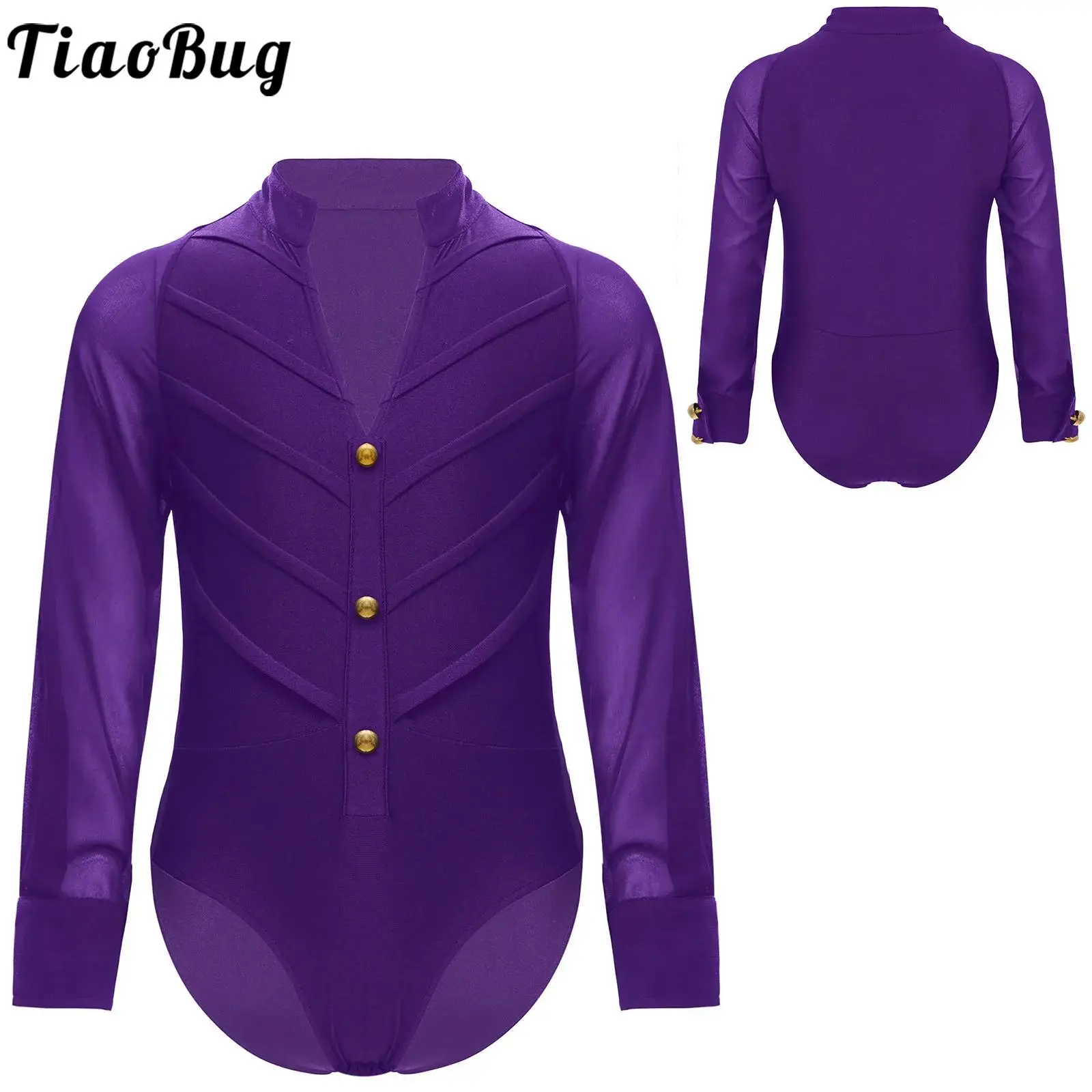 

Boys Latin Ballroom Jazz Dance Costume Leotards Tango Ballet Long Sleeve Stand Collar Bodysuit Shirt for Competition Performance