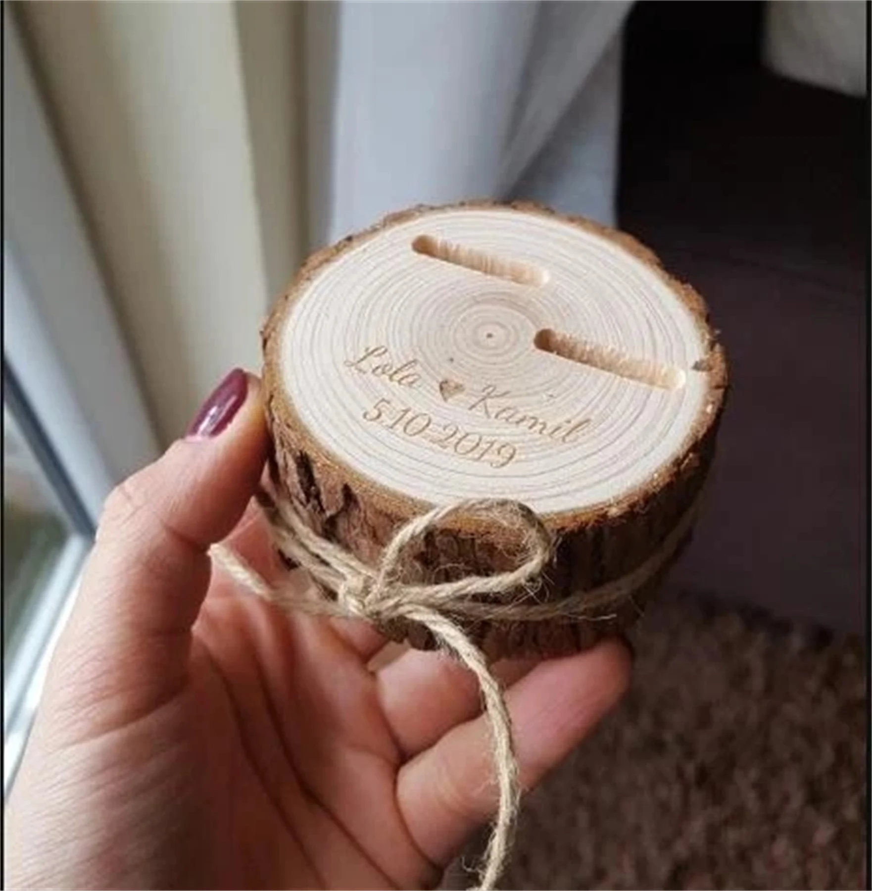 

Customized Wedding Gifts Ring Bearer Box Personalized Ring Holder Nature Wood Slice Ring Box For Engagement