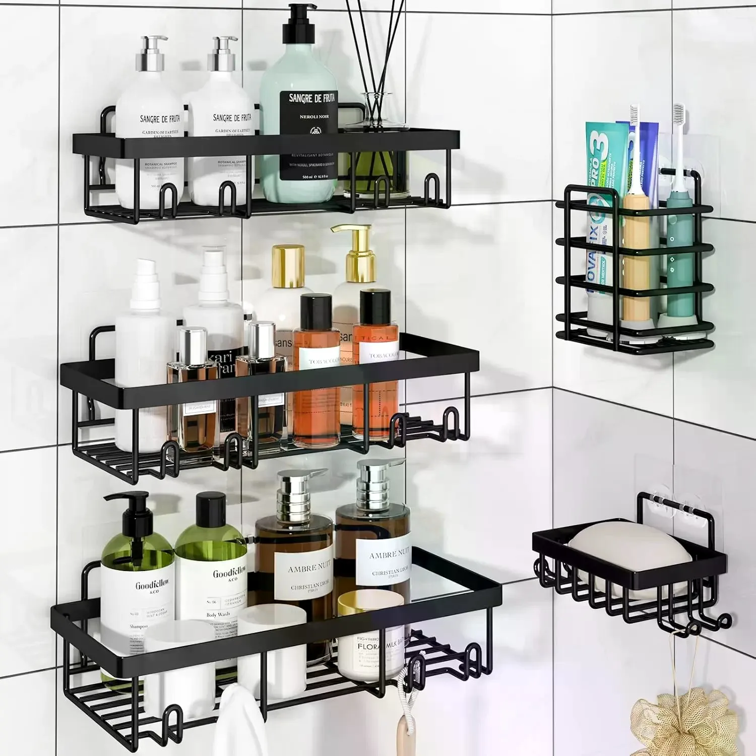 5-Pack Modern Matte Black Self-Adhesive Shower Caddy Set, No-Drill Stainless Steel Shower Organizer with Soap Dish & Toothbrush Holder, Rustproof Wall Mounting Space Saver, Apartment Essential, Bathroom Decor Set, Installation