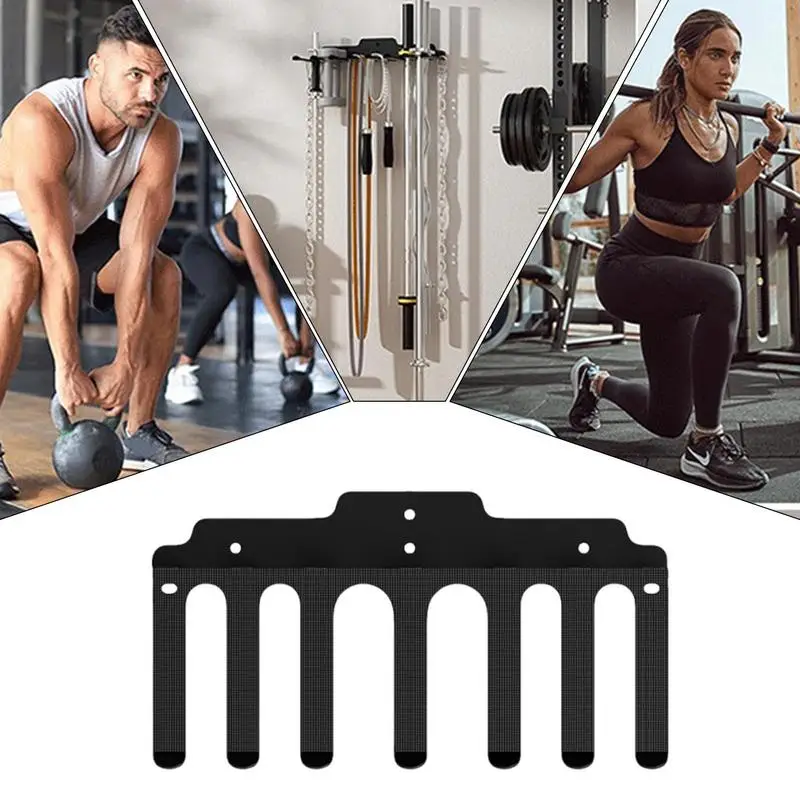 Naścienny uchwyt na sztangę Stojak na opaskę oporową z 7- haczykami Uchwyt oszczędzający miejsce Przechowywanie akcesoriów do ćwiczeń w domu