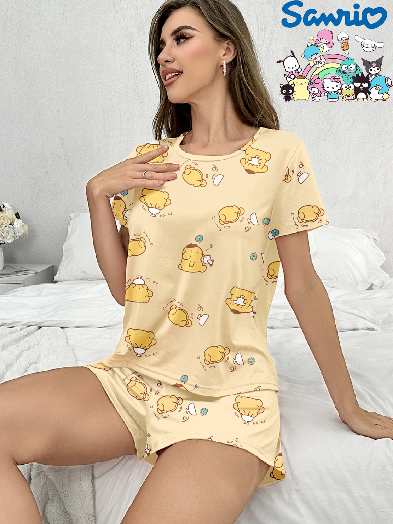 Серия Sanrio, шорты с короткими рукавами для собак-пудинга, повседневные пижамы из молочного шелка с круглым вырезом, комплект одежды для дома