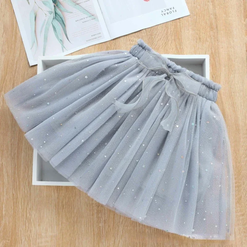 

2-10T Starry Sequin Girl Mesh Skirt 2024 Spring Autumn New Children Baby Gauze Princess Skirt Bow Fairy Girl Tutu Skirt Tulle