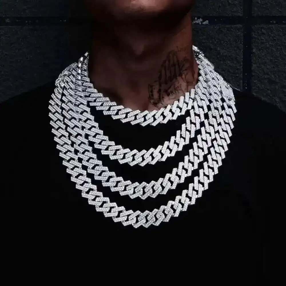 

20mm Iced Out Hip Hop Jewelry Custom 952 Silver Bling Miami Cuban Link Chain Vvs Moissanite Chain Necklace