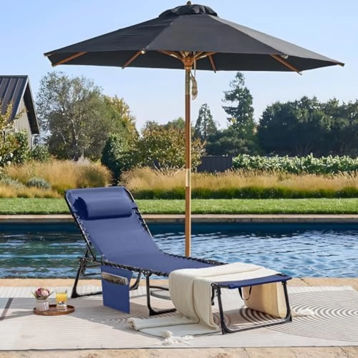 Foldable Chaise Lounge Chair 5-Position Adjustable, Tanning Chair with Side Pocket, Outdoor Sunbathing for Pool, Beach