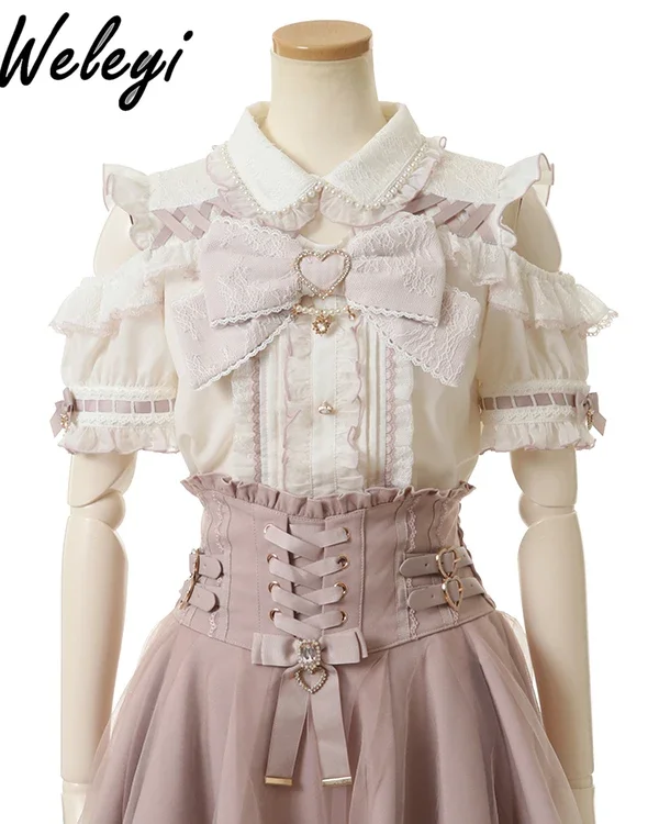 Jirai Kei Style Shirt Mine Series Off-Shoulder Pearl Collar Blouse Student Japanese Cute Girl Sweet Big Bow Short Sleeve Shirts