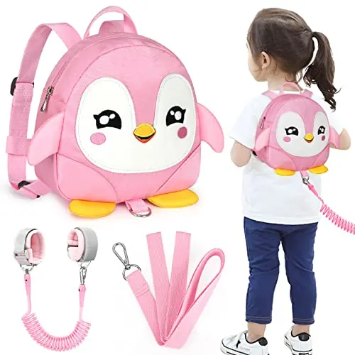 Toddler Harness Backpack Leash, Cute Penguin Kid Backpacks with Anti Lost Wrist Link(Purple)