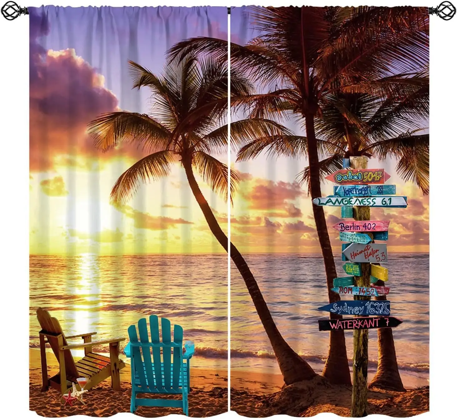 Summer Ocean Curtain, Beach Sea Direction Signpost Green Palm Trees Leaves Scenery Window Curtain for Bathroom Bedroom Living