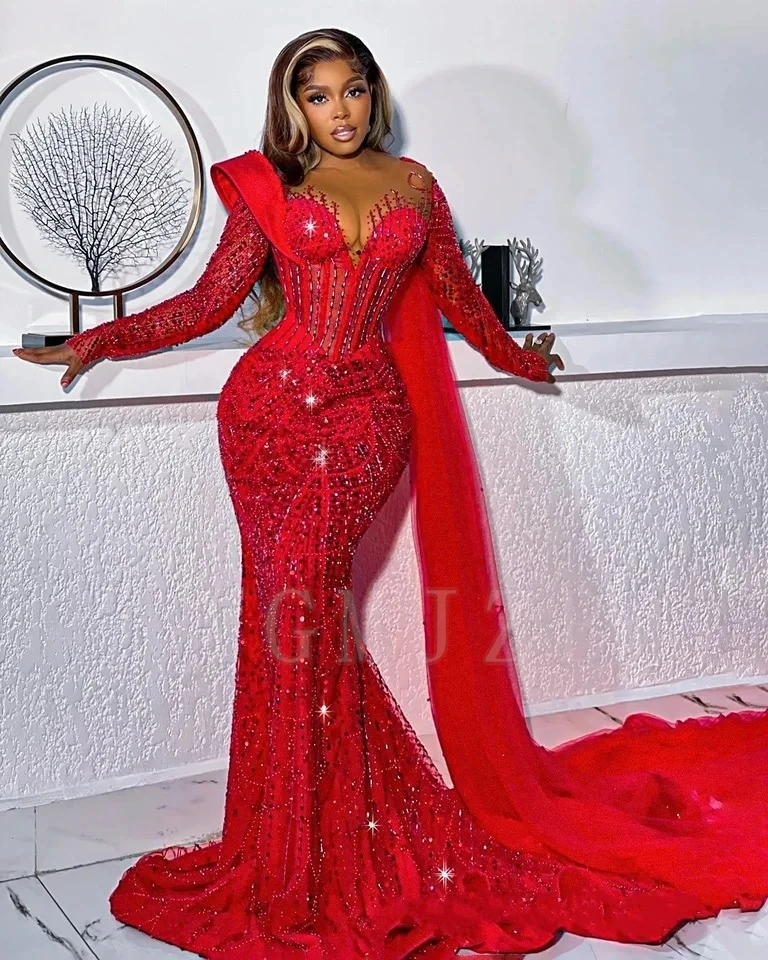Sparkling Red Long Prom Dreses Mermaid Beaded Lace With Shawl Evening Gown Birthday Wedding Party Gala Dresses Customized