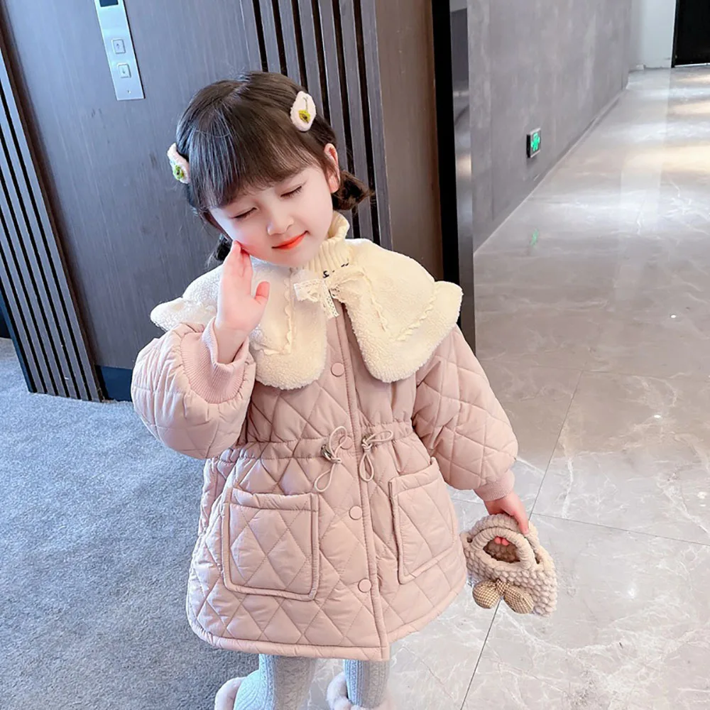 

Girls Winter Thick Warm Parkas Fashion Big Lapel Collar with Pockets Cotton Jackets Korean Style Mid-Long Kids Overcoats