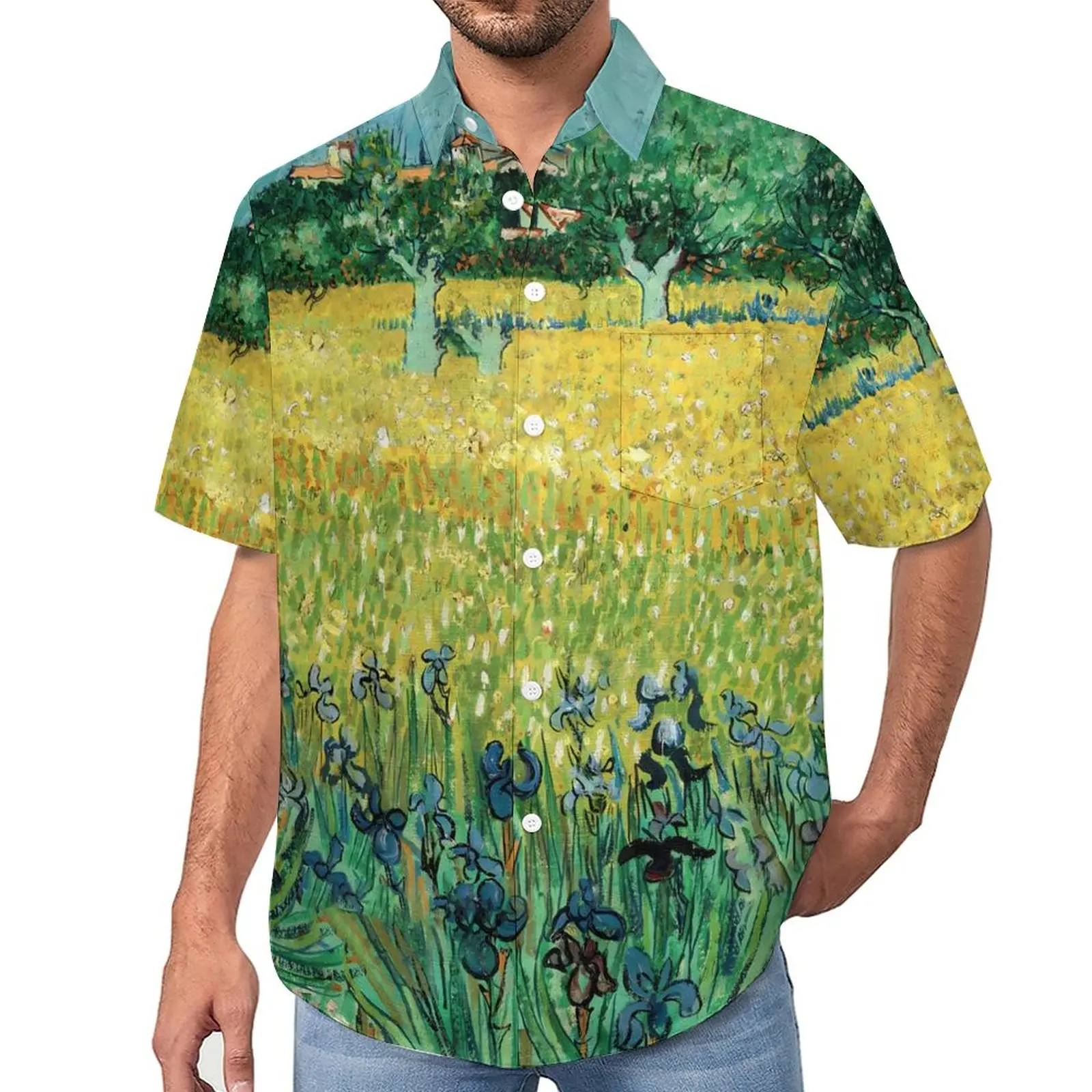 Vincent Van Gogh Loose Shirt Male Vacation Field with Irises Casual Shirts Summer Short Sleeve Street Style Oversized Blouses