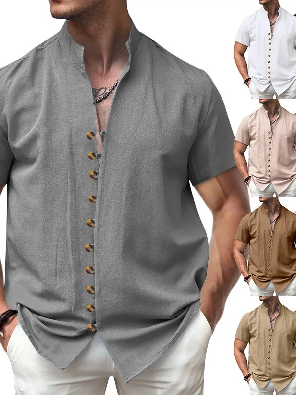 

Cusizable Button-Down Standup Collar ort-Sved irt Loose Fit Youth Summer Cool Feeling Regular Length Faionable Pu...
