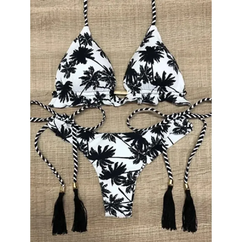 Sexy Swimwear Black and White Coconut Tree Printed Bikini Sets Women Swimsuit Triangle Halter Bathing Suit Brazilian Biquinis