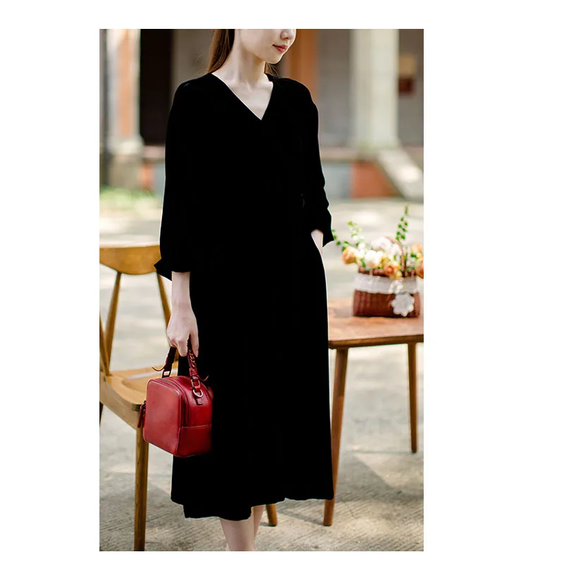 Fengbaoyu vestido feminino de veludo de seda natural, manga comprida, decote em V, comprimento médio, confortável, macio, casual, luxuoso