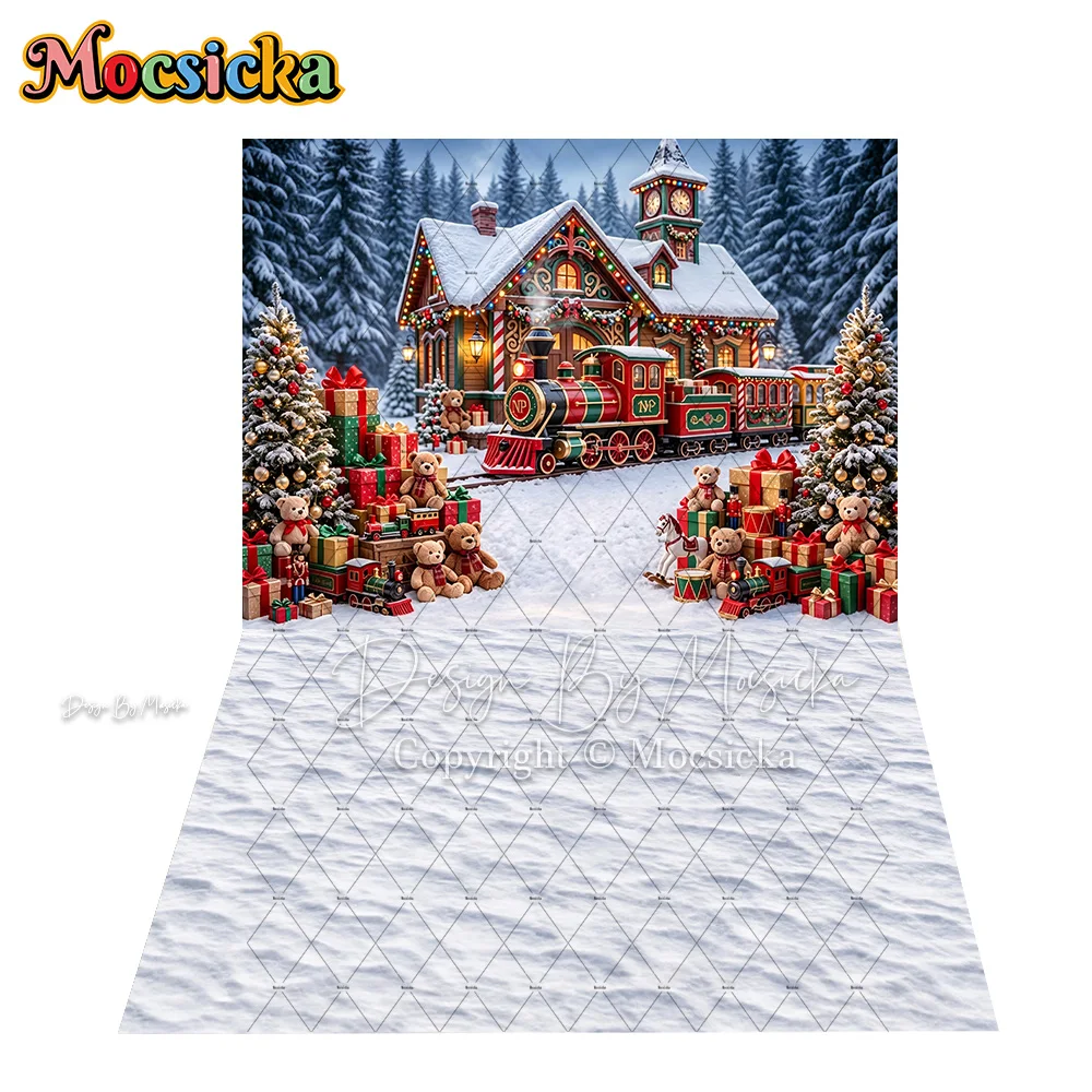 Mocsicka Christmas Train Backdrop Photography Wonderland Santa Toy Gift Factory Arch Corner Snowy Background Winter Family Photo