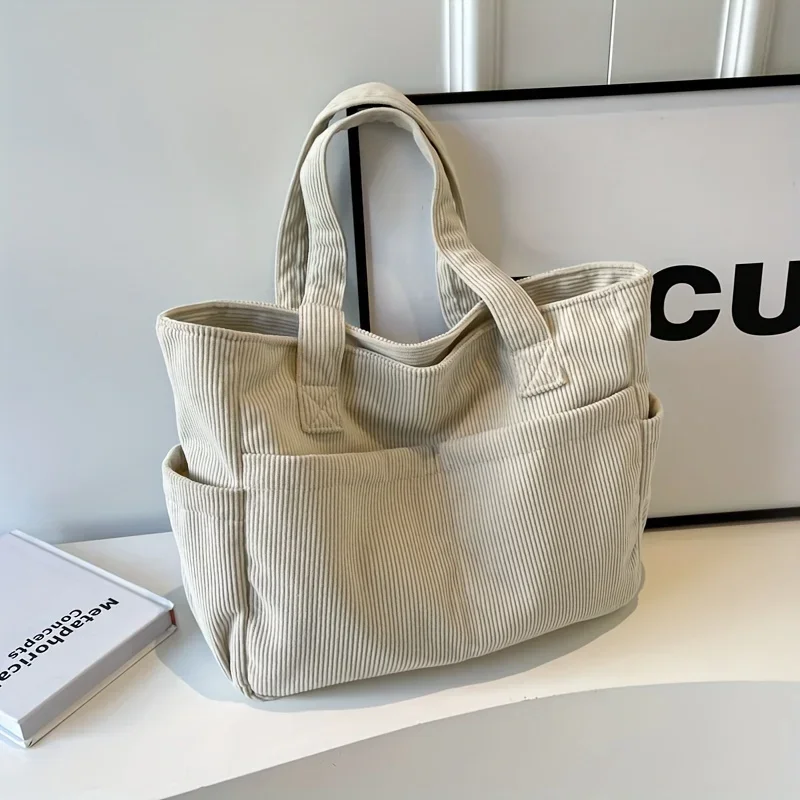 Bolsa tote de veludo feminina de grande capacidade, casual, listrada, bolsa de ombro com alças fixas, bolsa com zíper para deslocamento diário