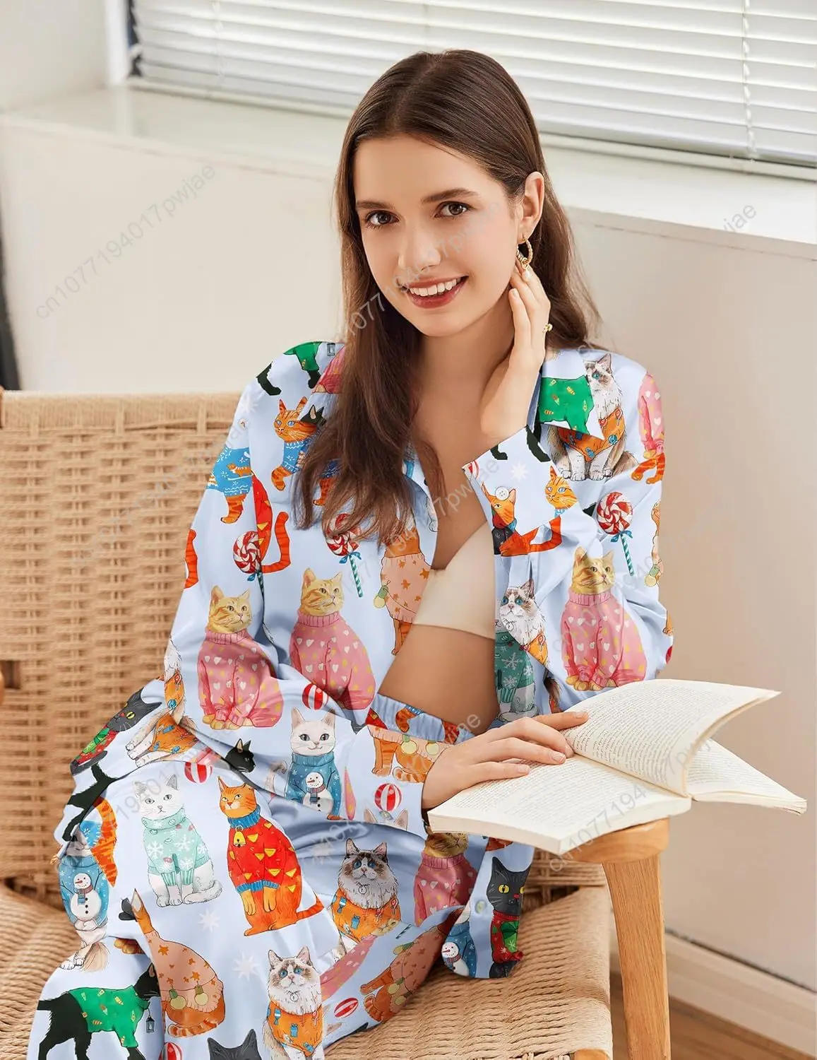 Ekouaer Damen-Pyjama-Set aus Satin, seidig, 2-teilig, bedruckt, Pyjama, weiche Loungewear, Button-Down-Nachtwäsche mit elastischem Bund, lange Hose