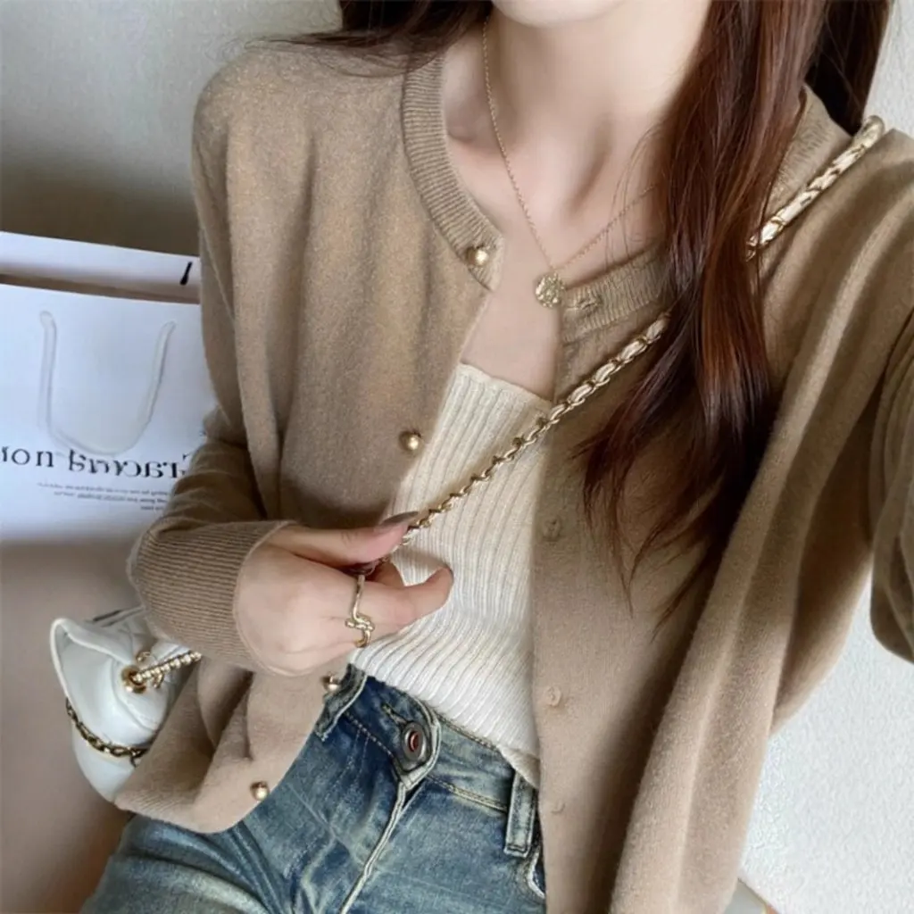 

Серый вязаный кардиган для женщин, осенняя верхняя одежда, тонкий свитер с длинными рукавами, пальто, ранний осенний топ