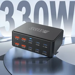 330W Gan Universal 10 Ports USB Type C PD 100W Charger QC3.0 Fast Charging Station For Macbook Pro Notebook Phone Tablet Ipad