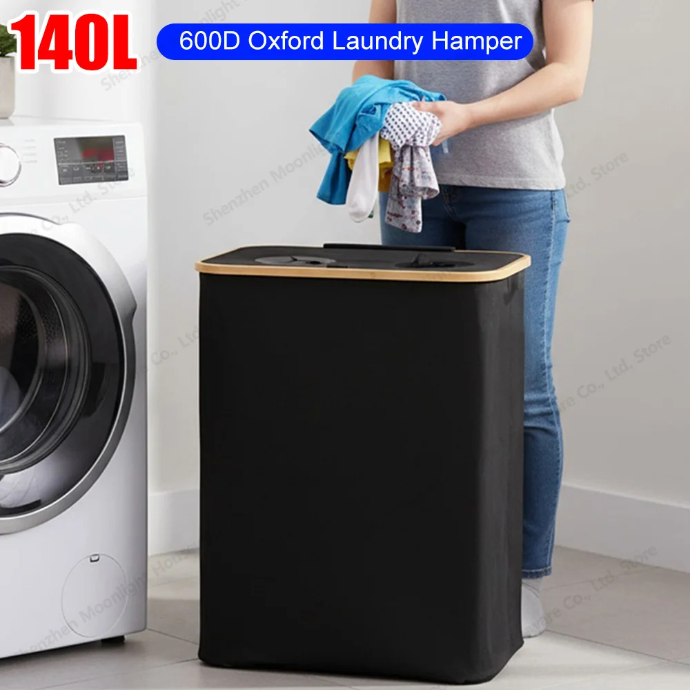 

140L Laundry Hamper 2 Section Extra Large Laundry Hamper w/Lid Dirty Clothes Hamper with Sturdy Handle for Laundry Room Bedroom