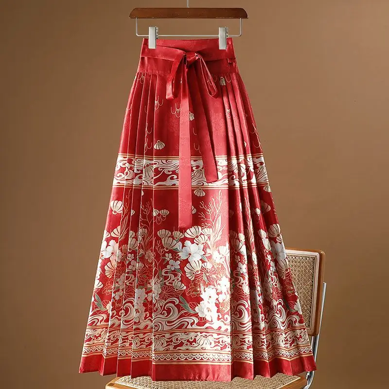 Spring Summer Pleated Skirt Chinese Elegant Flower Print Improved Medium Long Horse Dress Women's Daily Hanfu M Size To 4XL Size